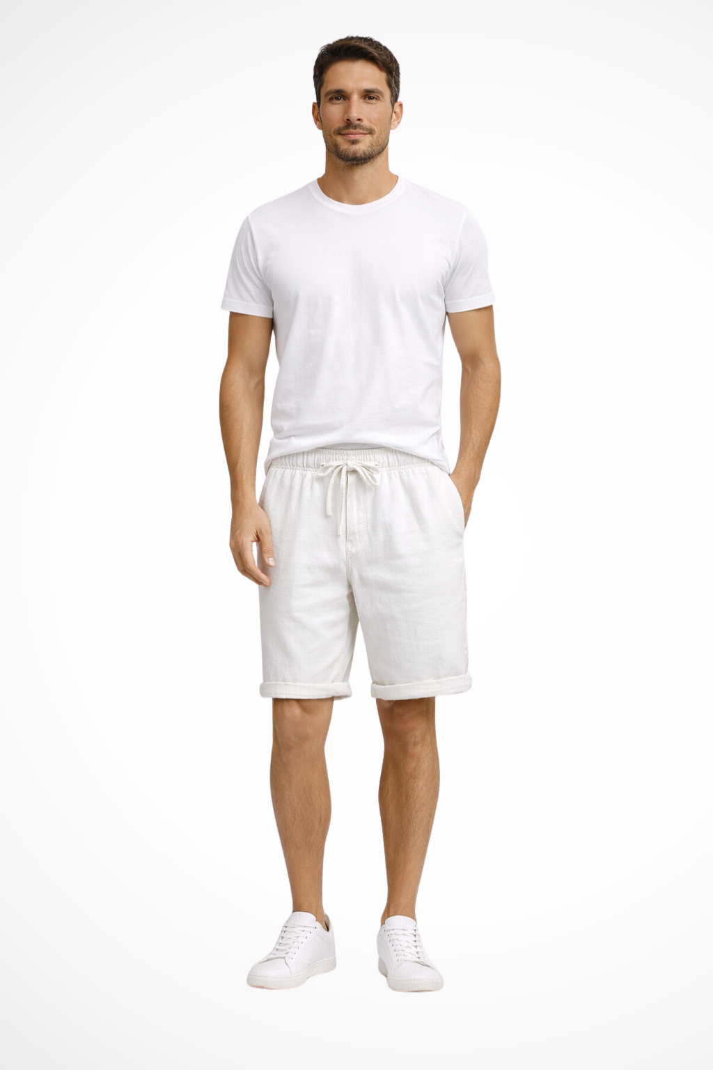 Front view of men's casual drawstring shorts with functional side pockets