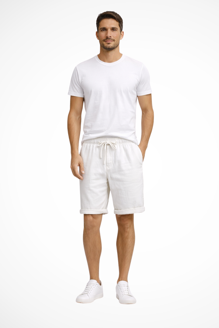Front view of men's casual drawstring shorts with functional side pockets