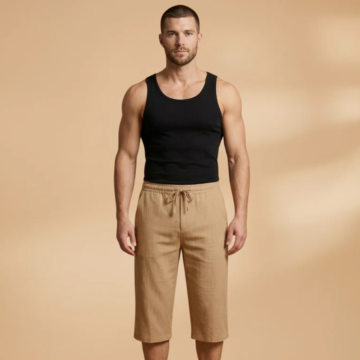 Comfy men's drawstring shorts, relaxed fit, perfect for summer warm weather.