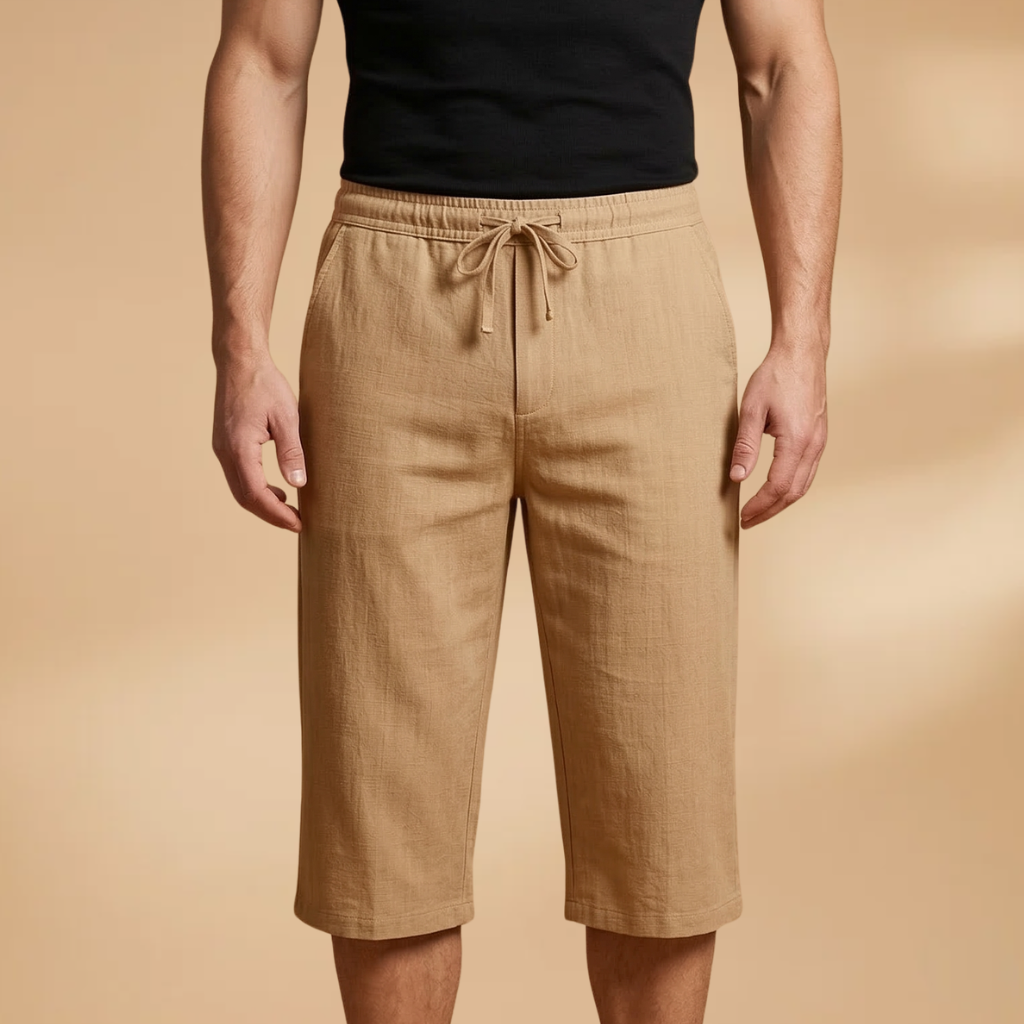 Men's straight leg shorts with drawstring waist and convenient side pockets.