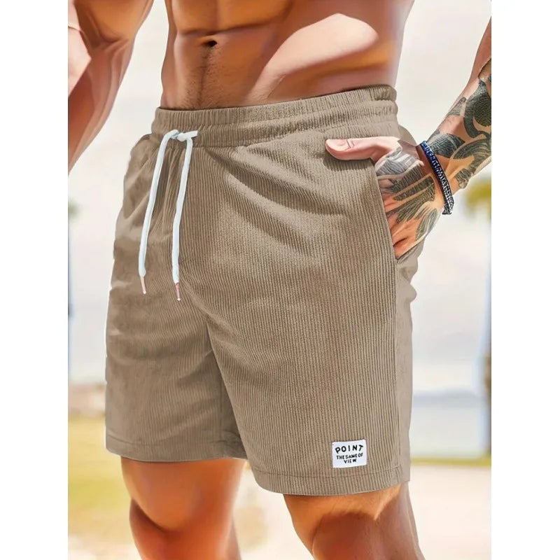 Side view of men's casual drawstring shorts, showcasing relaxed fit & everyday comfort for summer fashion.