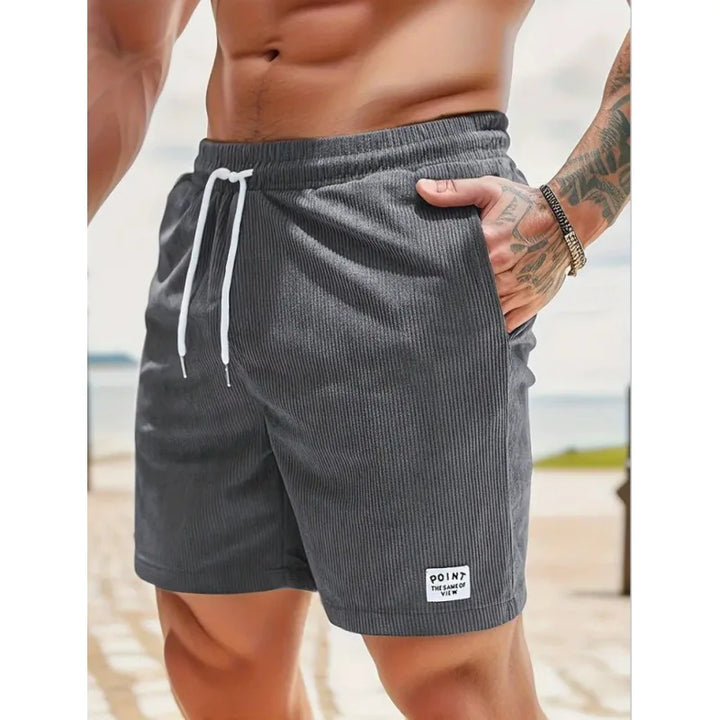 Grey men's casual drawstring summer shorts, perfect for relaxed, stylish warm weather outfits & everyday wear.