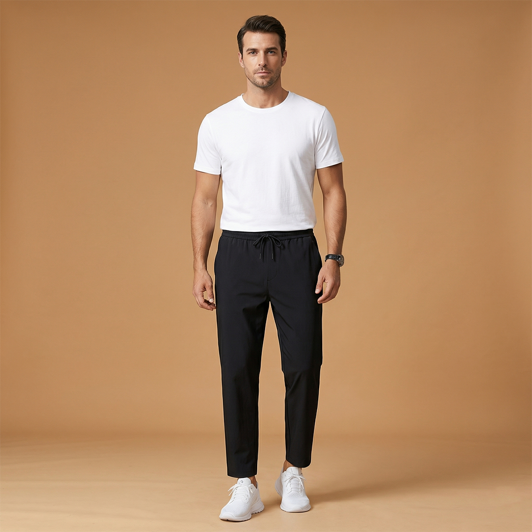 Comfortable men's drawstring pants for a relaxed, smart casual look.