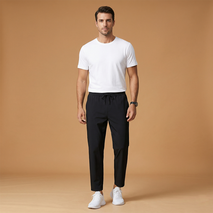 Comfortable men's drawstring pants for a relaxed, smart casual look.