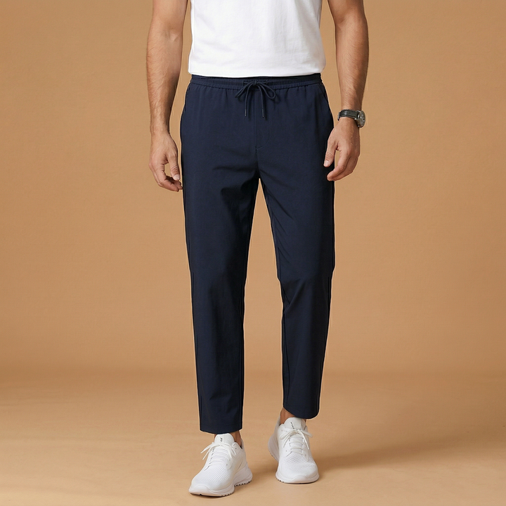 Effortless style with men's casual trousers, featuring elastic waist and pockets.