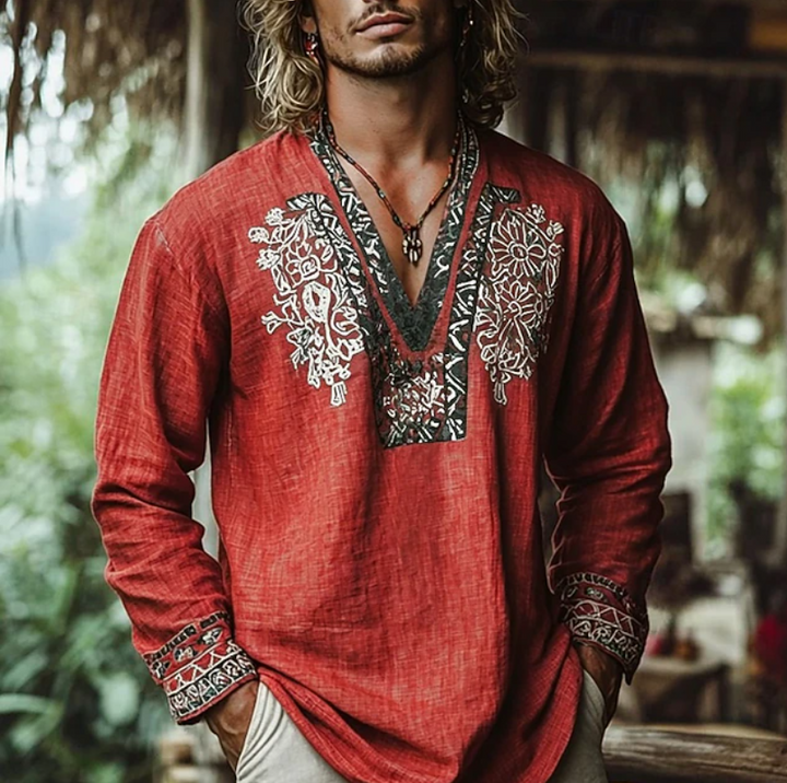 Men's button-down resort shirt featuring unique embroidery, great for summer vacations & casual wear.