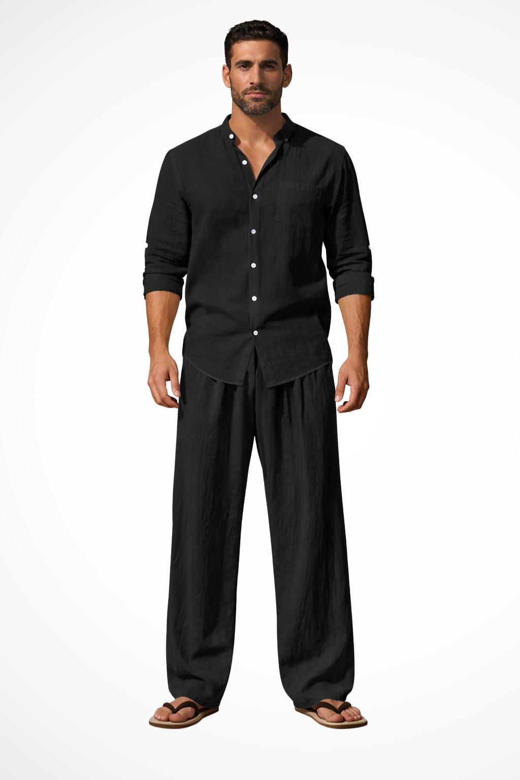 Men's casual grandad collar long sleeve shirt and straight leg trousers set