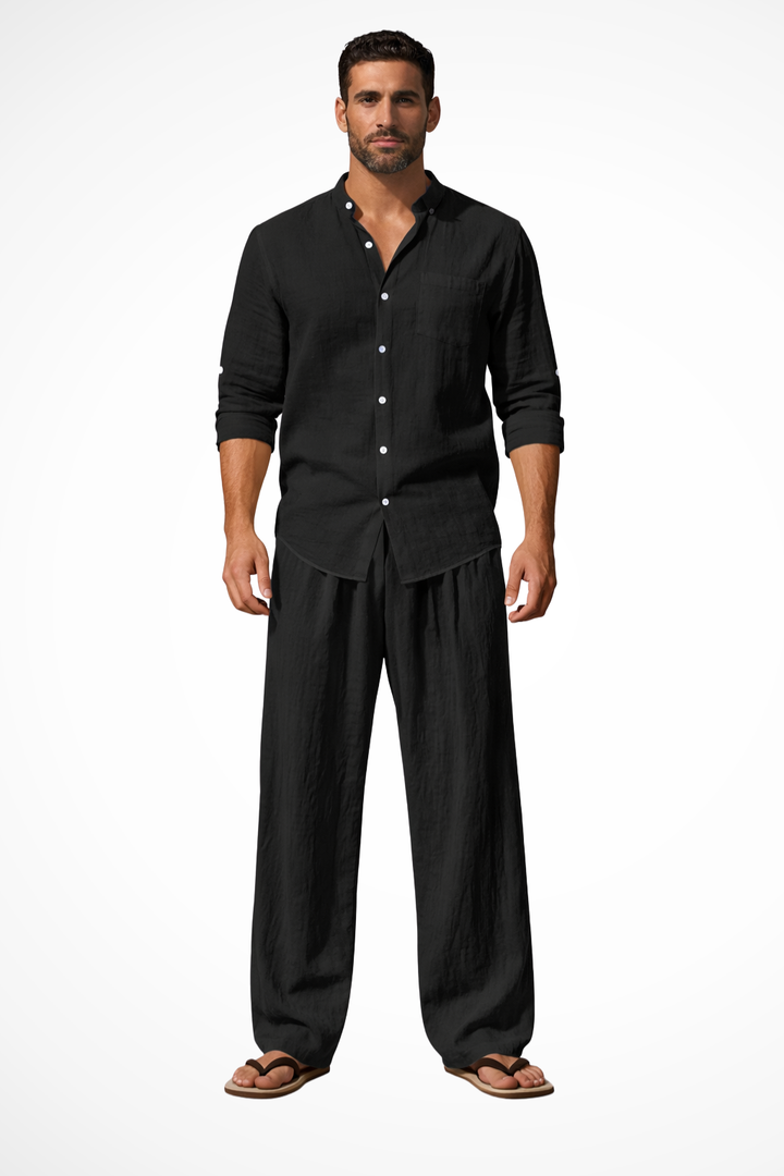 Men's casual grandad collar long sleeve shirt and straight leg trousers set