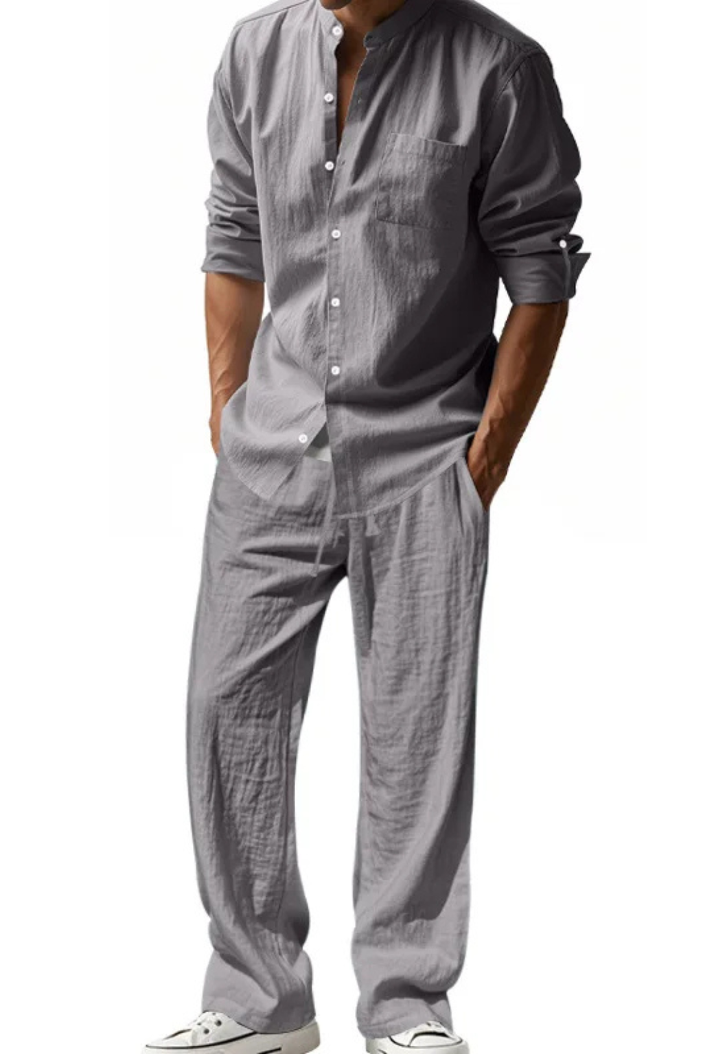 Two-piece ensemble for men: grandad collar long sleeve shirt and trousers