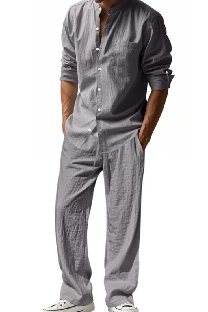 Two-piece ensemble for men: grandad collar long sleeve shirt and trousers