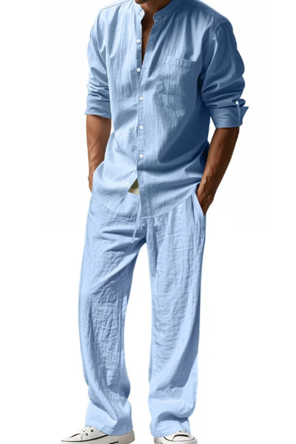 Versatile menswear set: grandad collar shirt and coordinating trousers