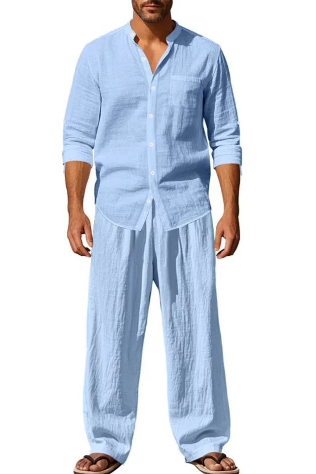 Perfectly matched set: men's grandad collar shirt and relaxed trousers