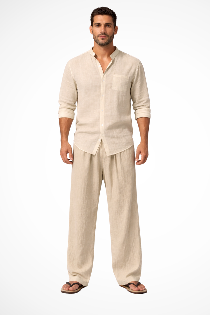 Complete casual look for men: long sleeve shirt and trousers set
