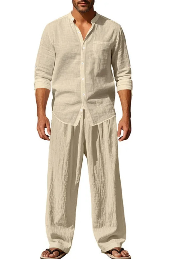 Sophisticated men's two-piece outfit with grandad collar detail