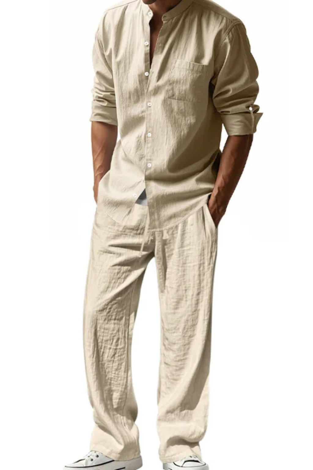 Everyday wear for men: grandad collar shirt and straight leg trouser set