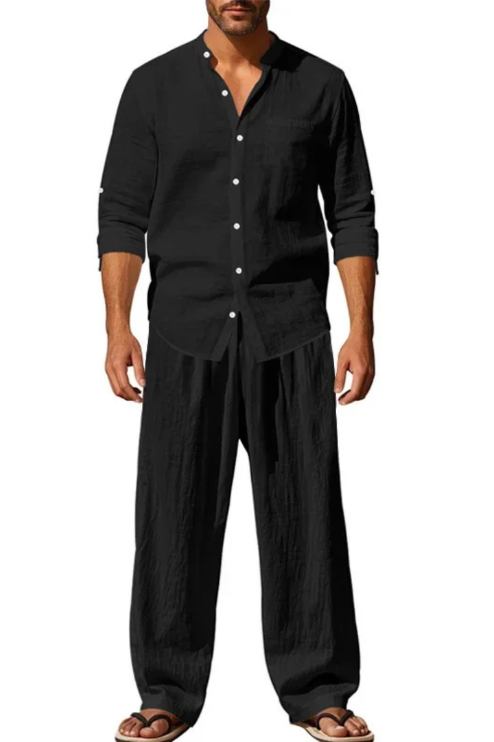 Coordinated two-piece set for men: grandad collar shirt and trousers
