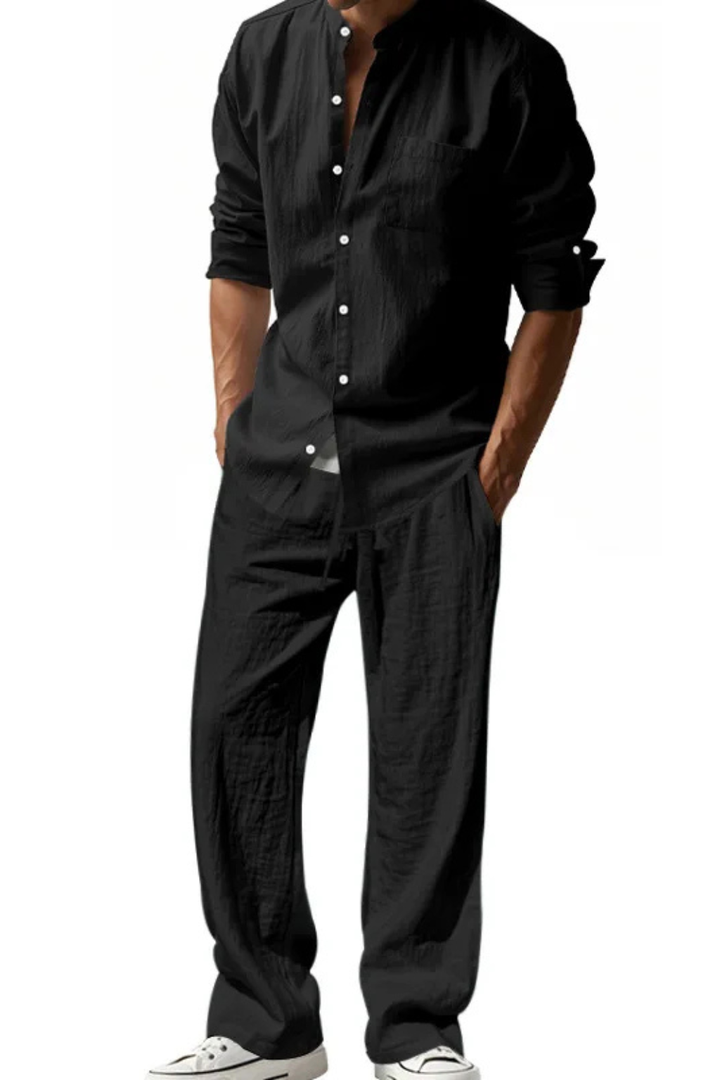 Relaxed fit menswear outfit set with long sleeve grandad collar shirt