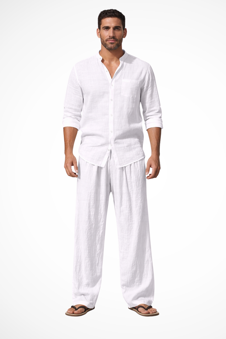 Stylish men's long sleeve shirt with grandad collar, part of a set