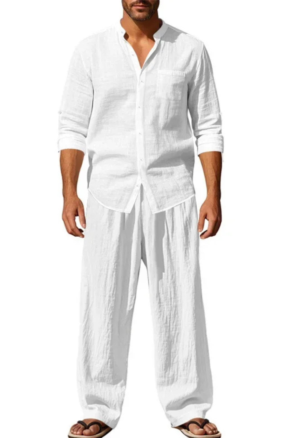 Straight leg trousers for men, designed to match grandad collar shirt