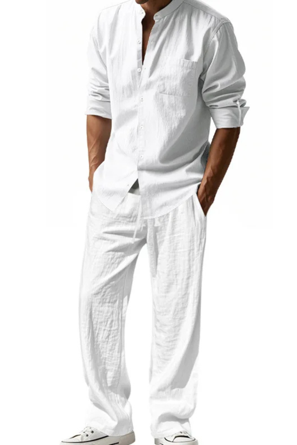 Mens fashion two-piece set featuring a casual grandad collar shirt