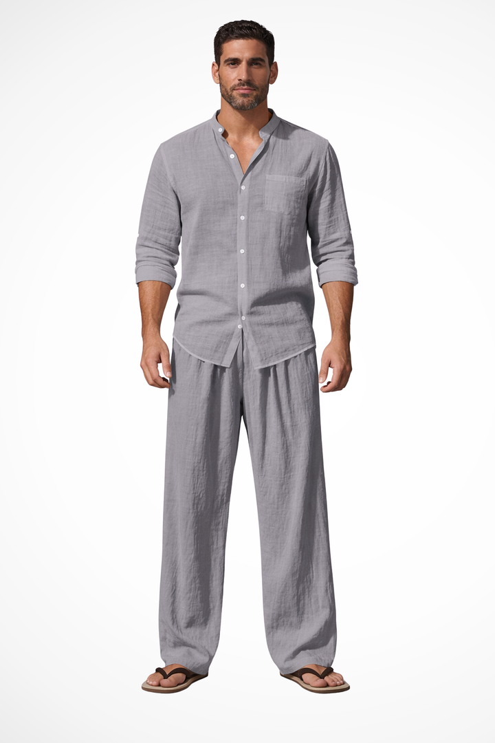 Full outfit for men: long sleeve grandad collar shirt and matching trousers