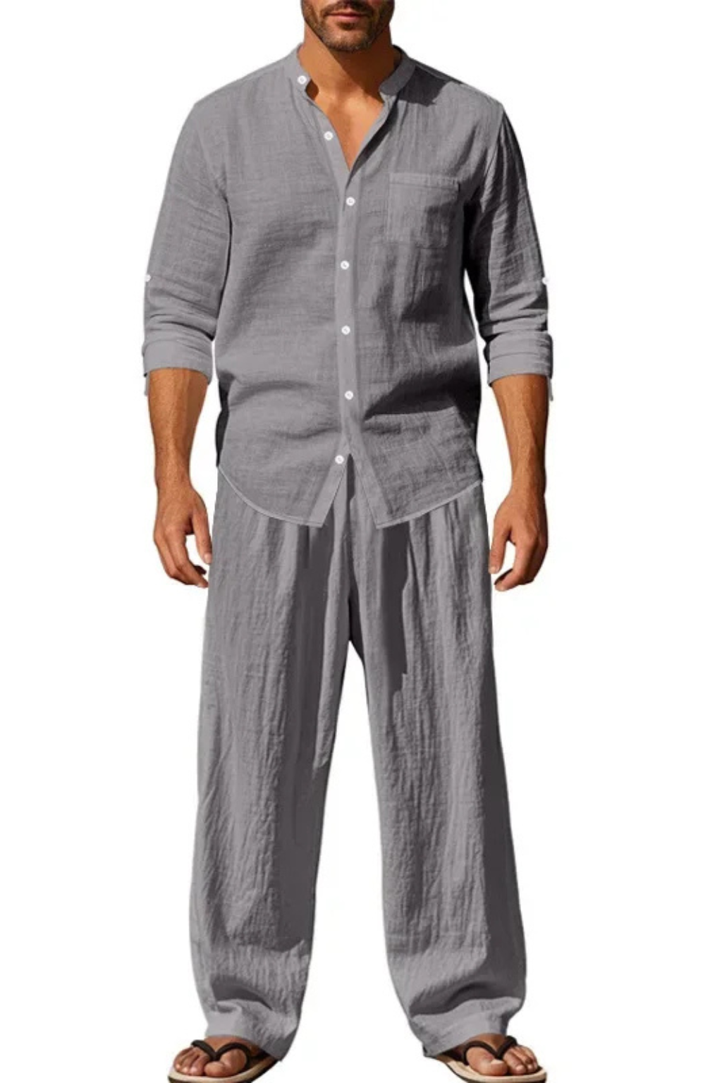 Modern mens casual wear: grandad collar shirt and straight leg pants