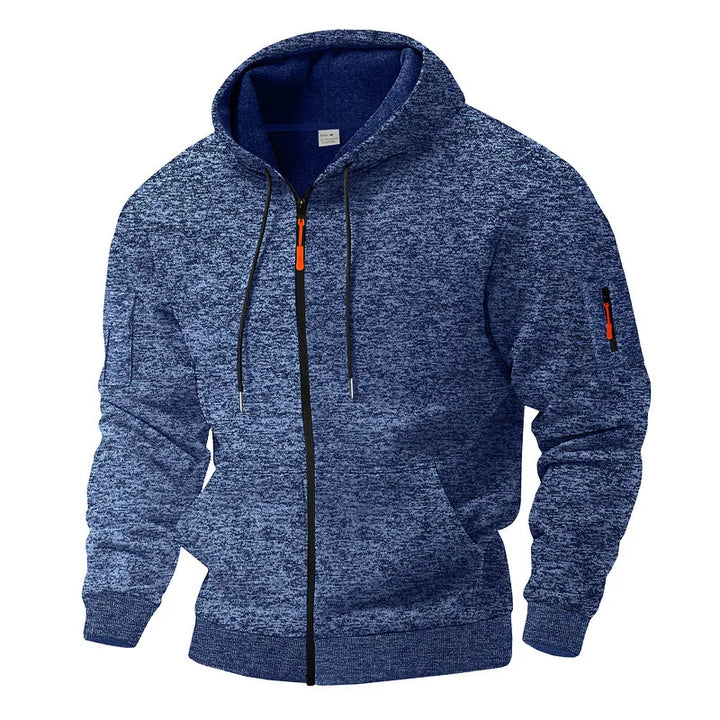 Men's casual grey zip-up hoodie in soft fleece, perfect for everyday comfort and layering.