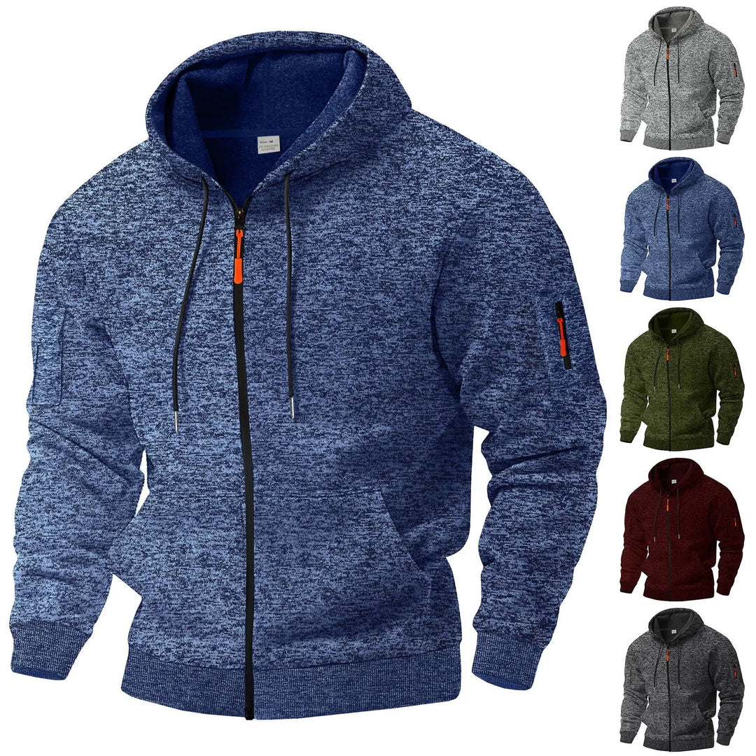 Stylish men's black zip-up hoodie, ideal for active lifestyles & modern streetwear fashion.