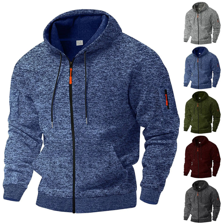 Stylish men's black zip-up hoodie, ideal for active lifestyles & modern streetwear fashion.