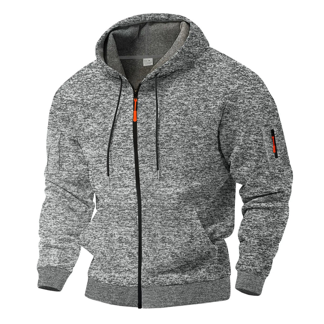 Comfortable men's cotton blend zip hoodie, a versatile layering piece for spring & fall essentials.