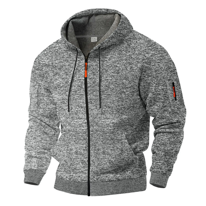 Comfortable men's cotton blend zip hoodie, a versatile layering piece for spring & fall essentials.