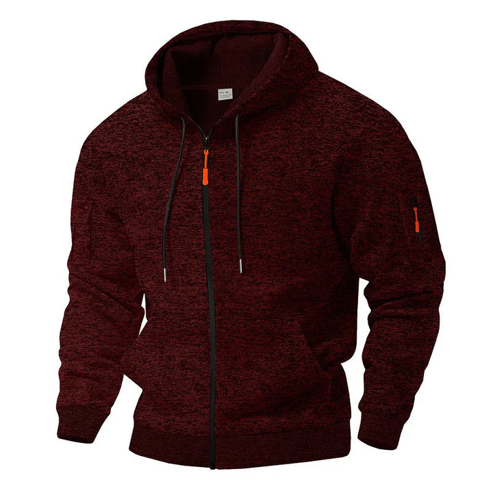Navy blue men's zip-up hoodie featuring a drawstring hood and practical kangaroo pockets.