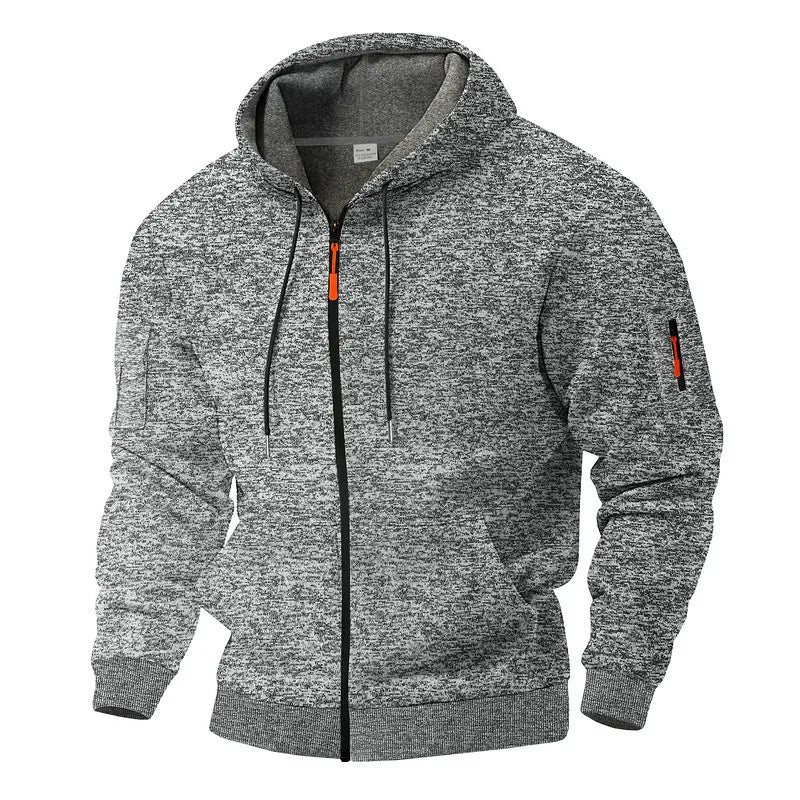 Modern men's heather grey zip-up hoodie, essential for casual comfort and contemporary style.