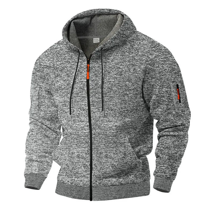 Modern men's heather grey zip-up hoodie, essential for casual comfort and contemporary style.