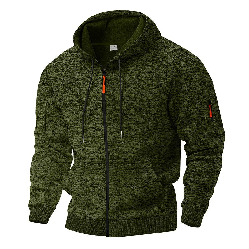 Men's stylish zip-up hoodie worn casually, showcasing its everyday comfort and versatile layering.