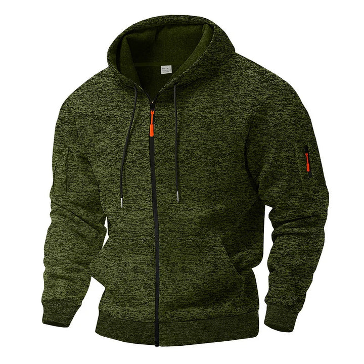 Men's stylish zip-up hoodie worn casually, showcasing its everyday comfort and versatile layering.