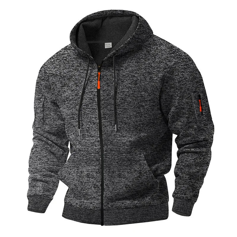 Durable men's zip-up hoodie with a smooth front zipper and soft interior for ultimate comfort.