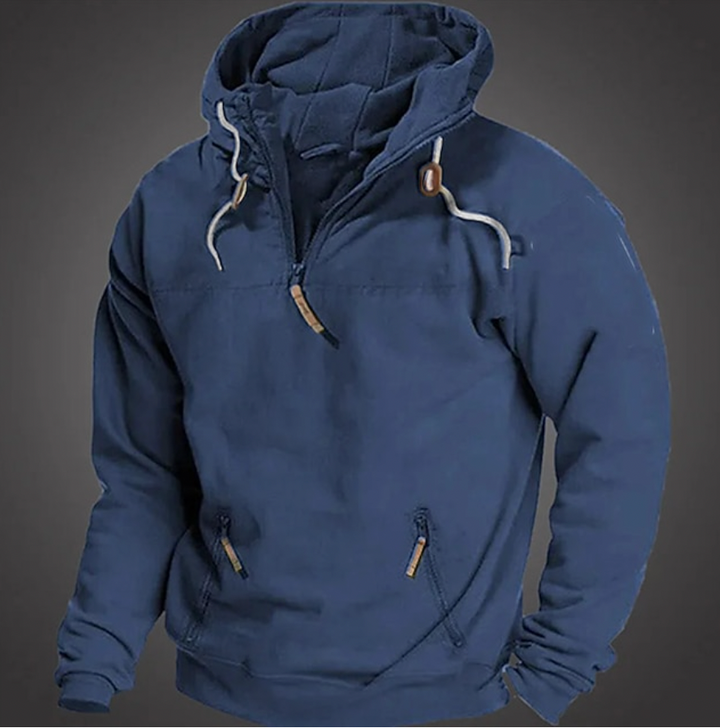 Men's stylish half zip hooded jacket, a versatile layering piece for fall fashion and cold weather casual wear.