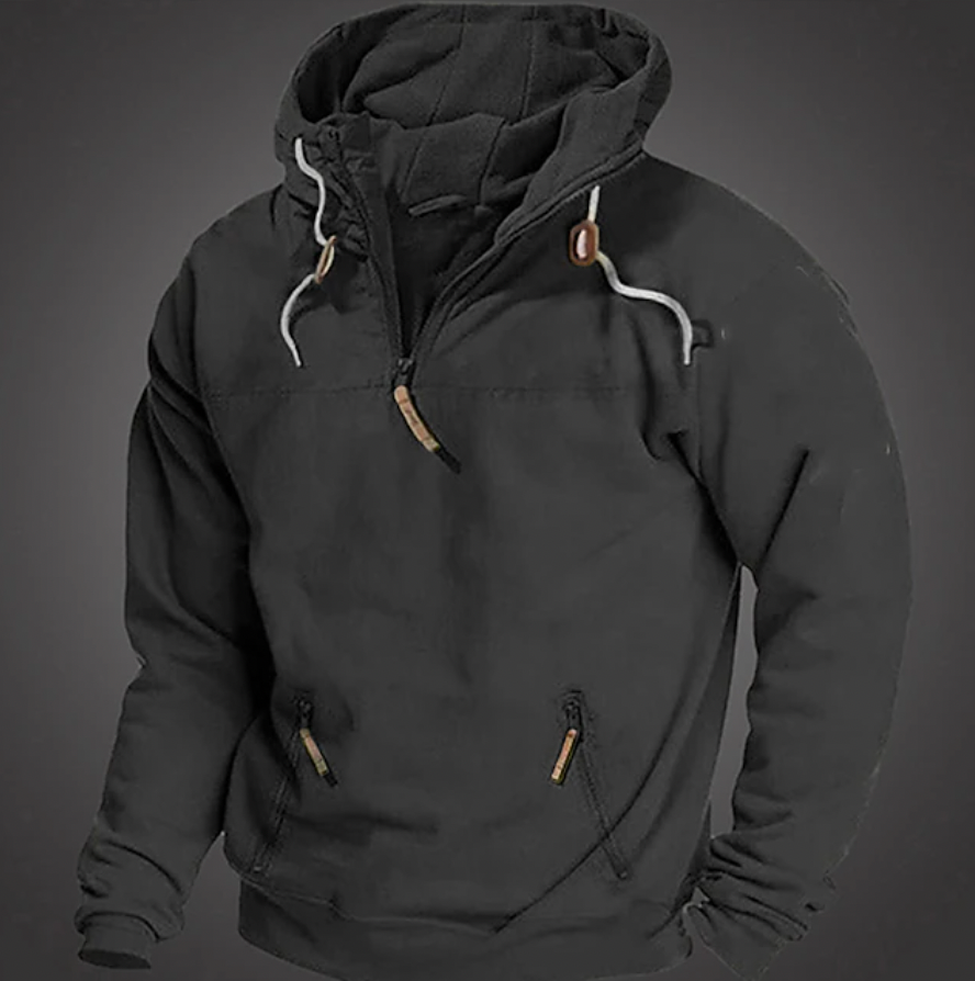 Comfortable men's half zip hooded jacket for fall & winter. Essential men's fashion outerwear for casual cold weather.