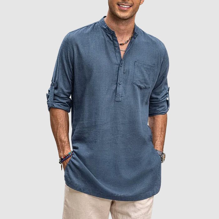 Men's casual henley shirt with adjustable roll-up sleeves for versatile spring & summer style.