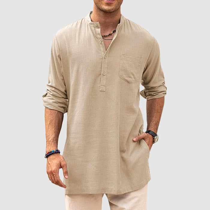 Comfortable men's long-sleeve henley shirt, relaxed fit, perfect for casual autumn and spring wear.