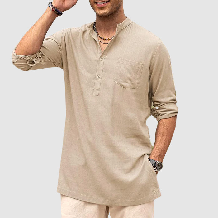 Relaxed fit men's henley shirt featuring adjustable roll-up sleeves, great for casual comfort.