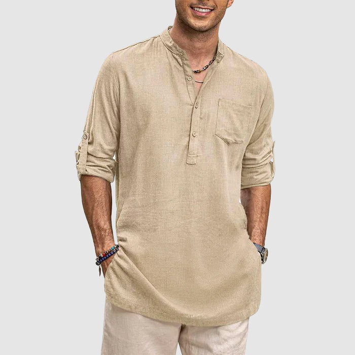 Classic men's henley with button placket & roll-up sleeves, essential for casual warm weather.