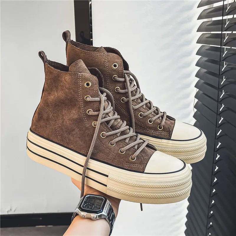 Comfortable men's casual shoes with a high-top design and a trendy platform sole.