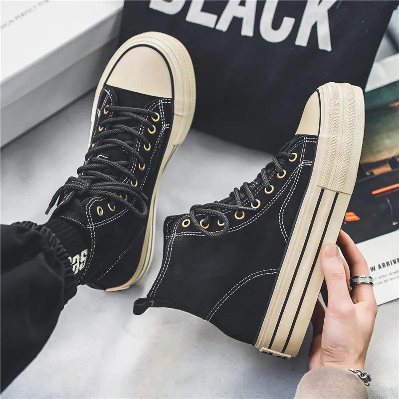 Men's everyday footwear: casual high-top trainers featuring a supportive platform sole.