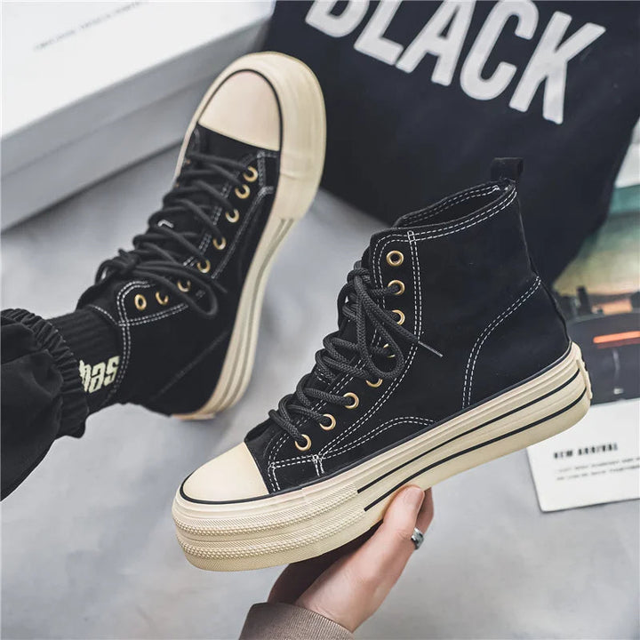 Side view of men's high-top platform trainers, emphasizing the casual style and comfortable fit.