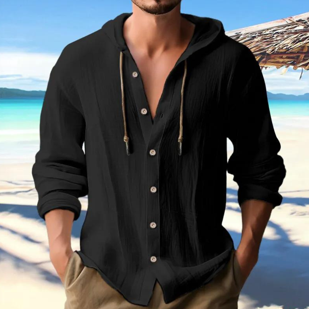 Men's casual hooded long sleeve button-down shirt, perfect for everyday comfort and relaxed style.