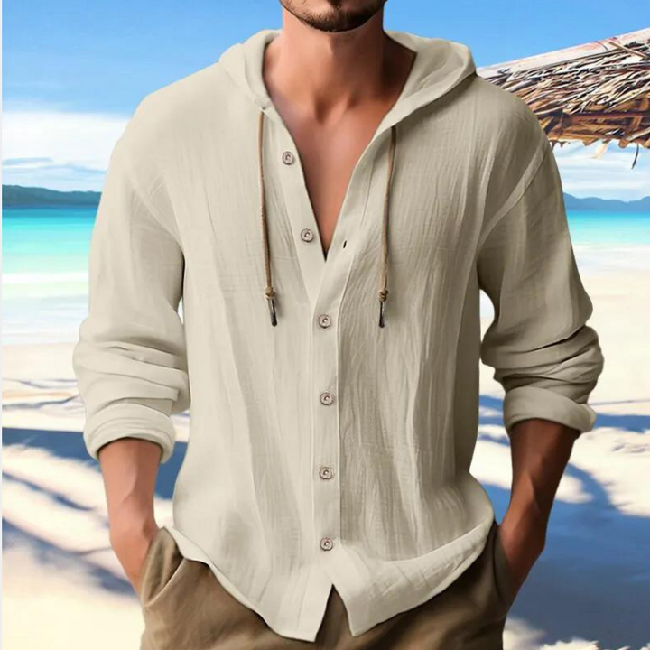 Versatile men's hooded long sleeve button-down shirt, ideal for casual wear, comfort, and everyday fashion.