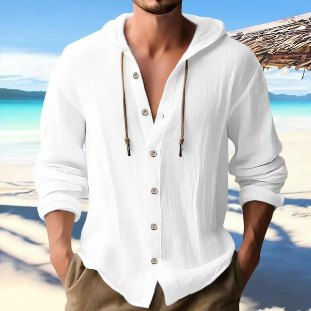 Stylish men's hooded long sleeve button-down shirt. Casual comfort wear for a relaxed, versatile everyday look.