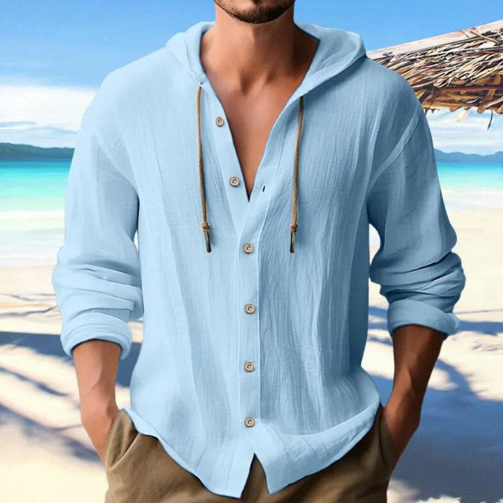 Comfortable men's hooded long sleeve button-down shirt. Casual fashion for versatile everyday wear and style.